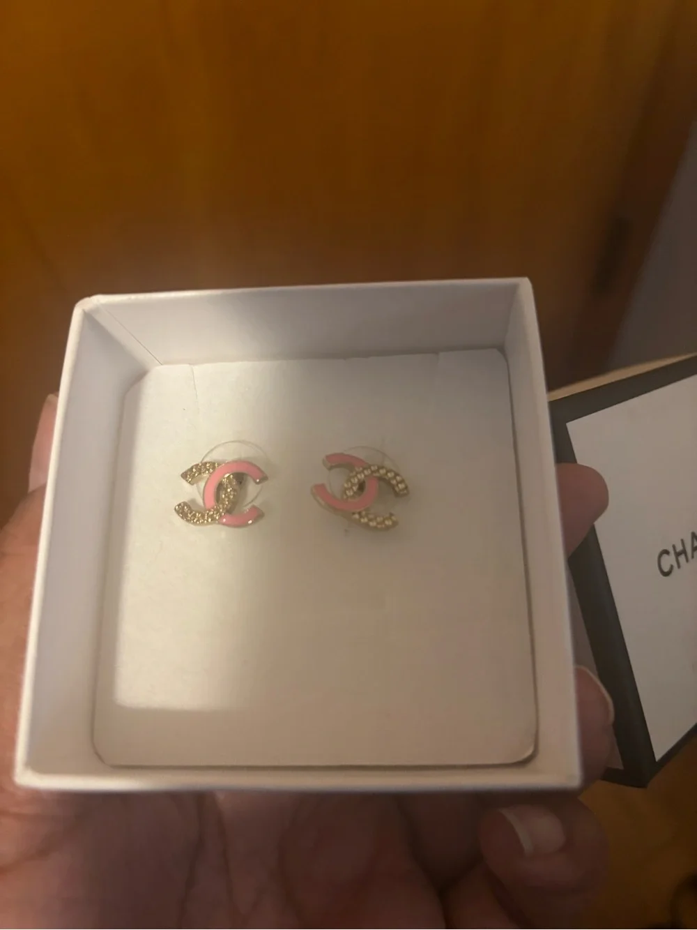 CHANEL Pink CC Crystal Enamel Stud Earrings